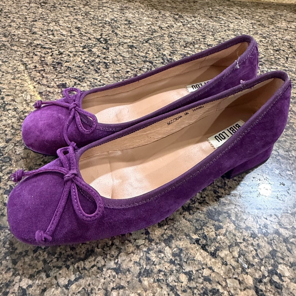 Bibi Lou Purple Suede Bow Ballet Flats Low Block Heel Pumps Size 37 6.5